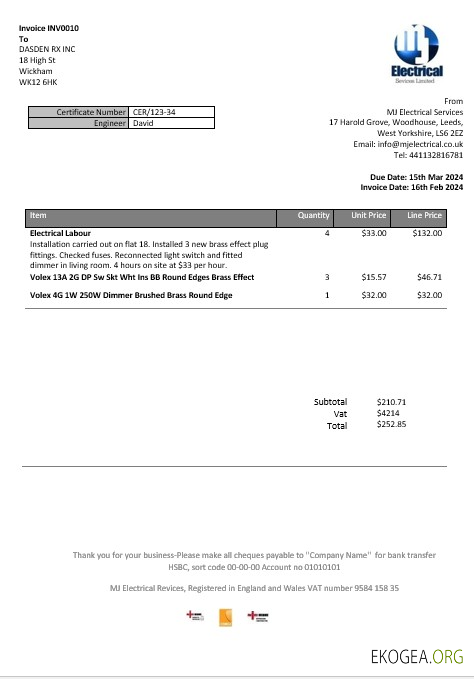 Royaume Uni MJ Preuve d'adresse électrique modèle de facture de services publics aux formats Word et PDF